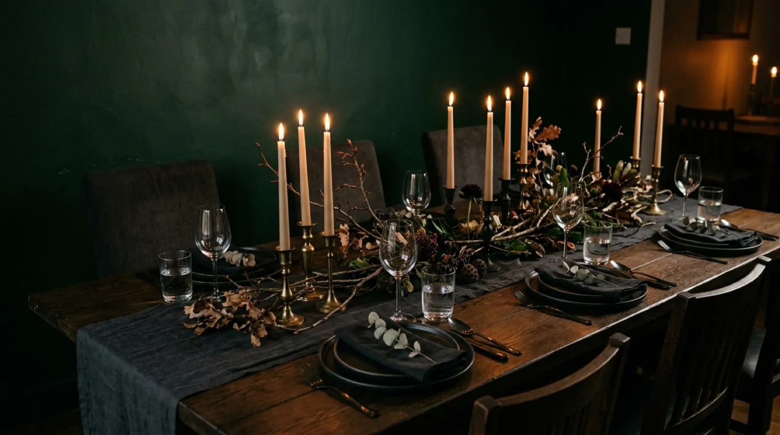 A candlelit dining room set for the evening