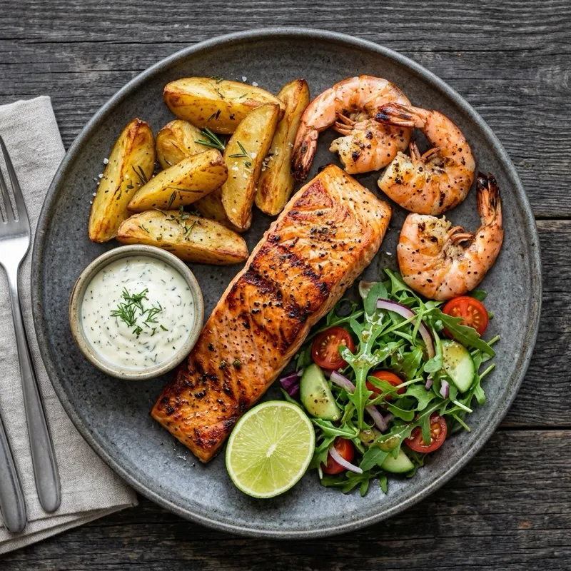 Salmon & prawn, fire-finished